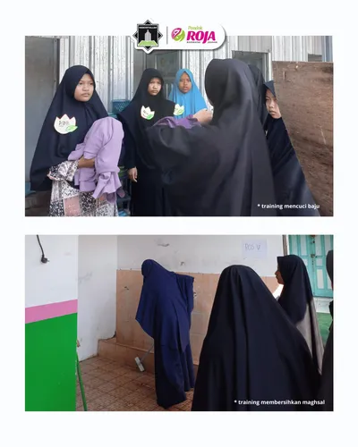 Kolase Masta’ri 2025: santriwati baru berlatih mencuci baju dan membersihkan kamar mandi