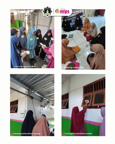 Kolase Masta’ri 2025: santriwati baru berlatih melipat pakaian dan membersihkan ruangan