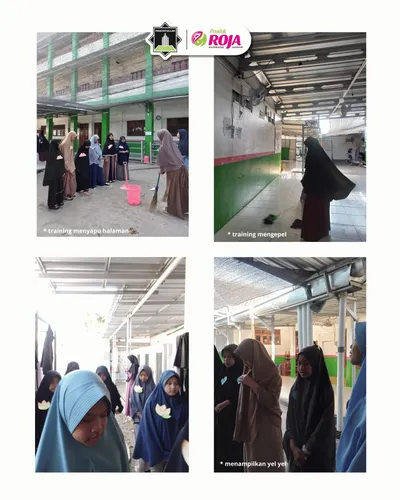 Kolase Masta’ri 2025: santriwati baru berlatih piket kebersihan di lingkungan asrama